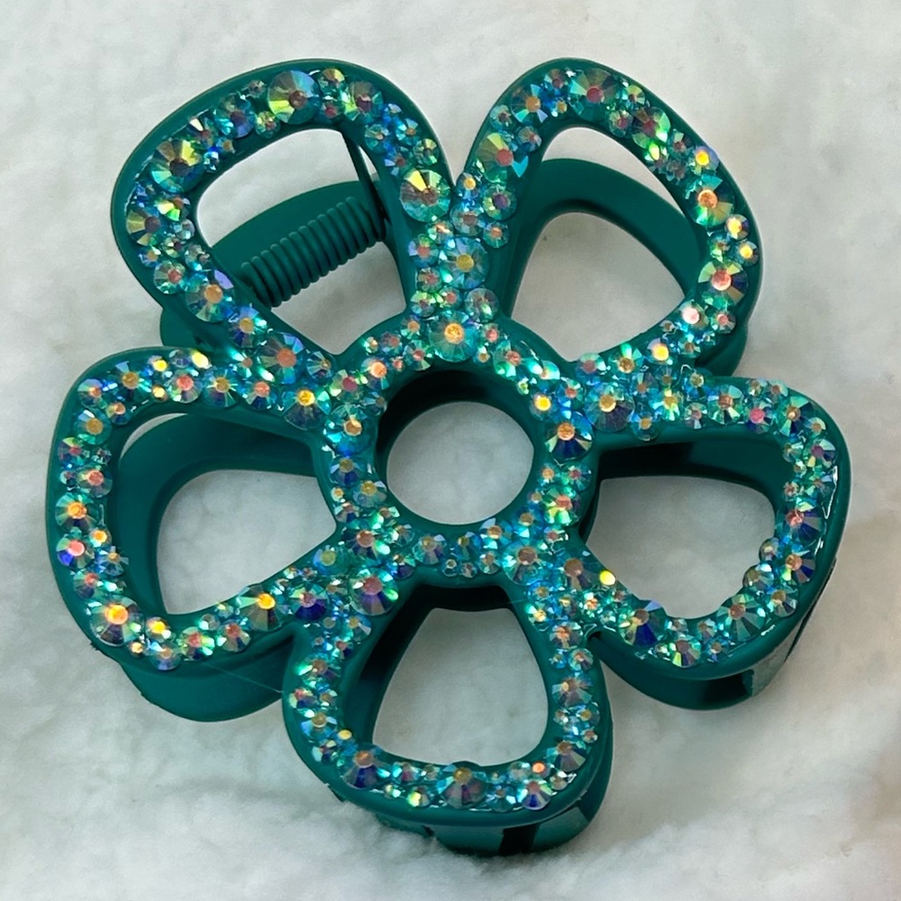 Bling Flower Hair Clip Teal